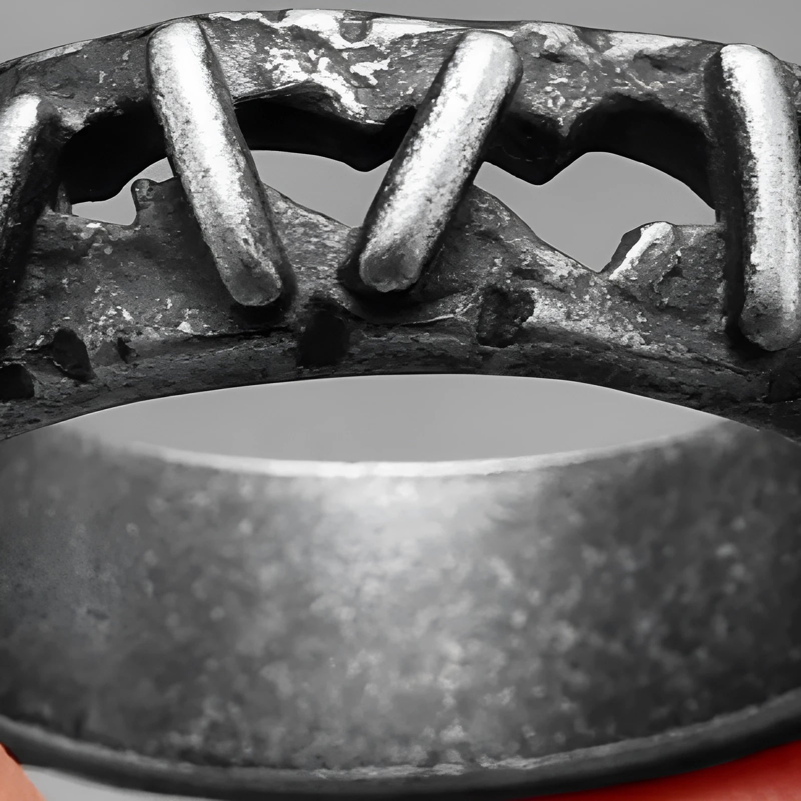 Men's stainless steel double ring with dark punk stitching design showing size options 7-15