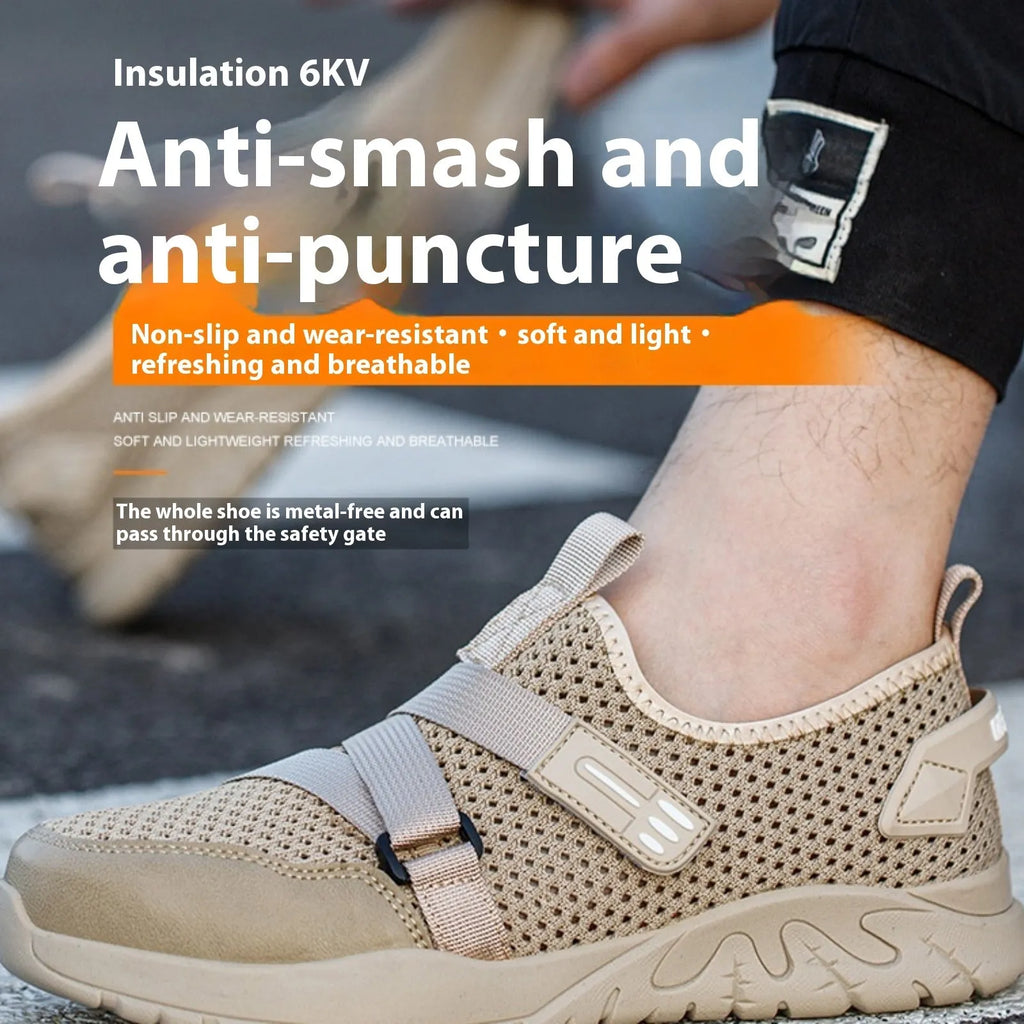 Grey men's anti-smash anti-puncture work safety shoes with flying woven upper and rubber sole