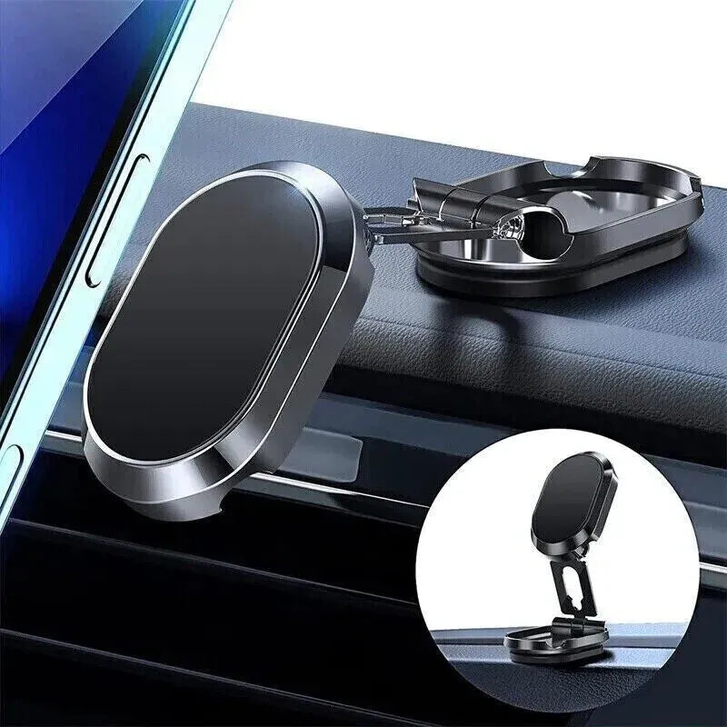 Stainless steel magnetic car phone holder showing folded and extended positions