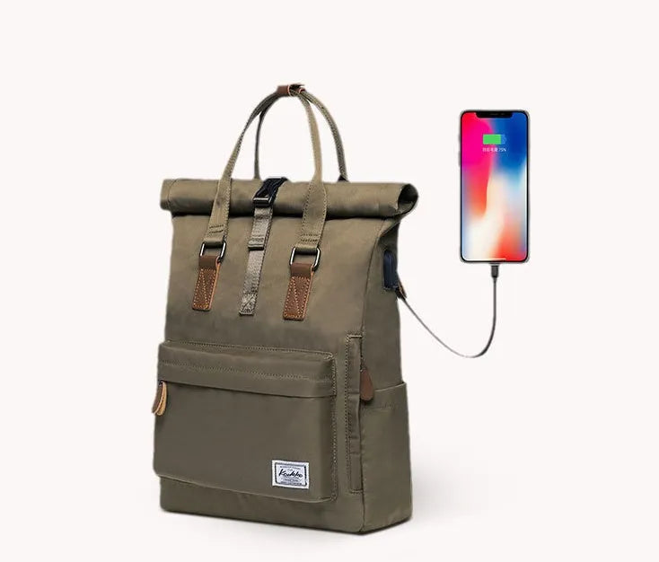 Casual polyester backpack with cover opening, computer compartment, and zipper pocket in black, dark grey, or green