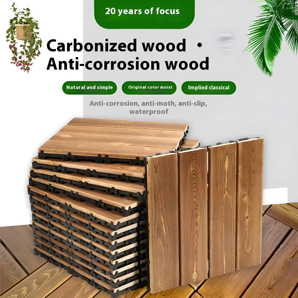 30x30cm camphor pine wood floor tiles with interlocking edges for balcony and indoor-outdoor use