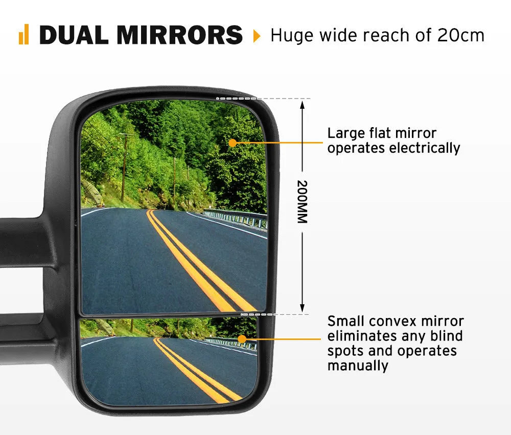 Pair of black plastic foldable rearview mirrors for Toyota Land Cruiser 100 1998-2007 for trailer use