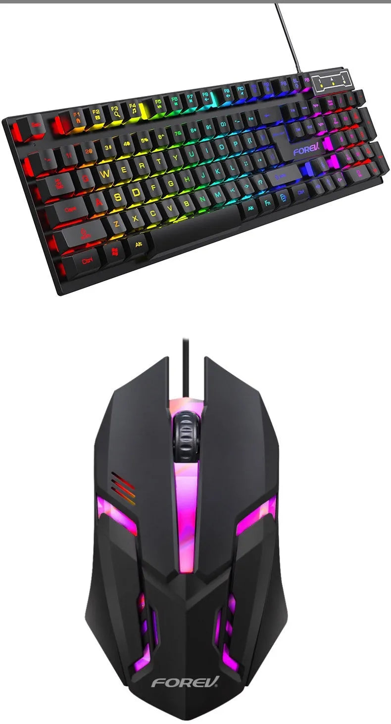 Black ABS mechanical gaming keyboard with backlit keys beside matching USB mouse on desk