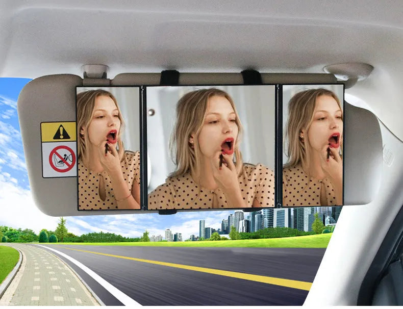 Silver car folding makeup mirror open showing 30.5cm width with ABS frame and glass surface