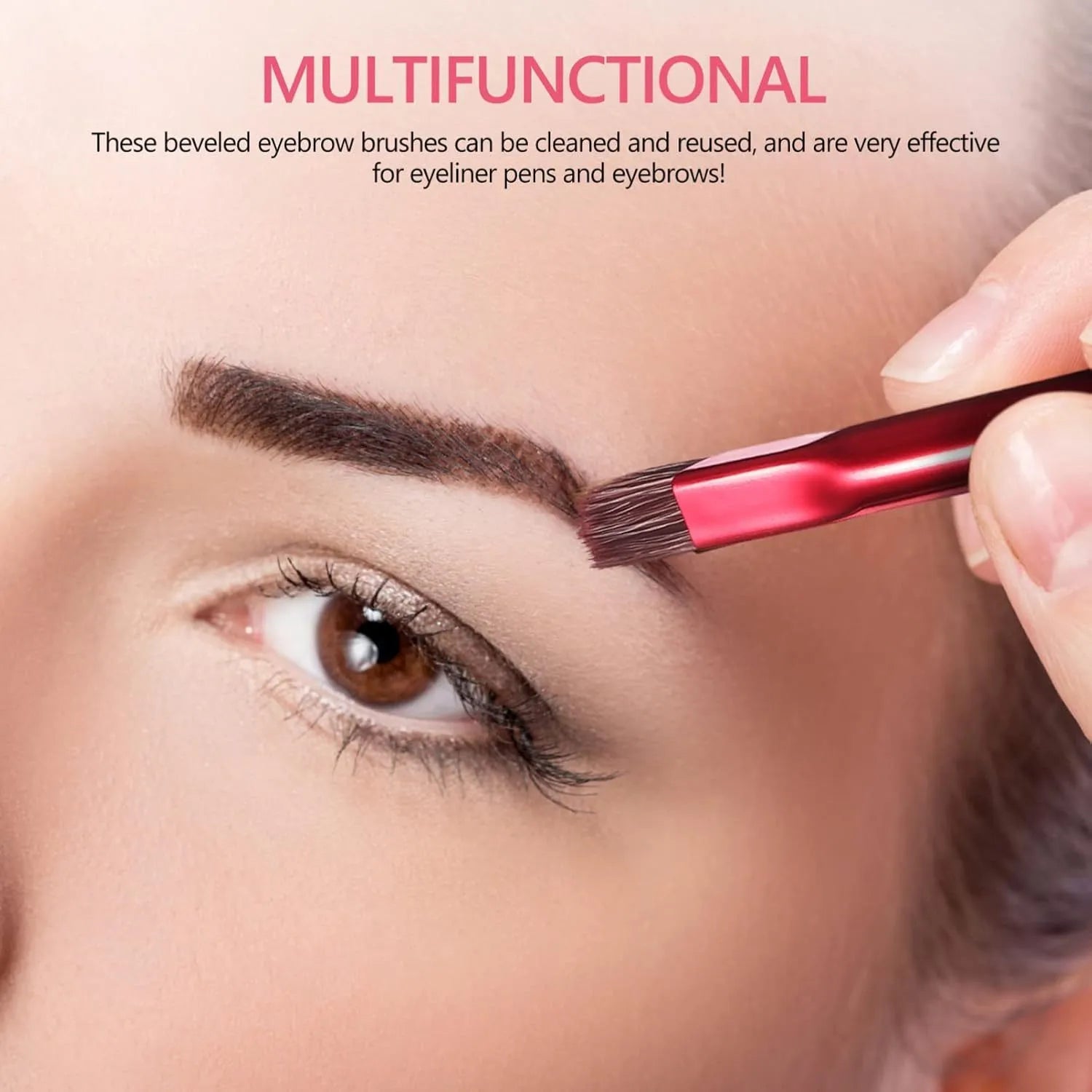 Square angled eyebrow stamp brush with black handle and synthetic bristles for filling brows and applying concealer