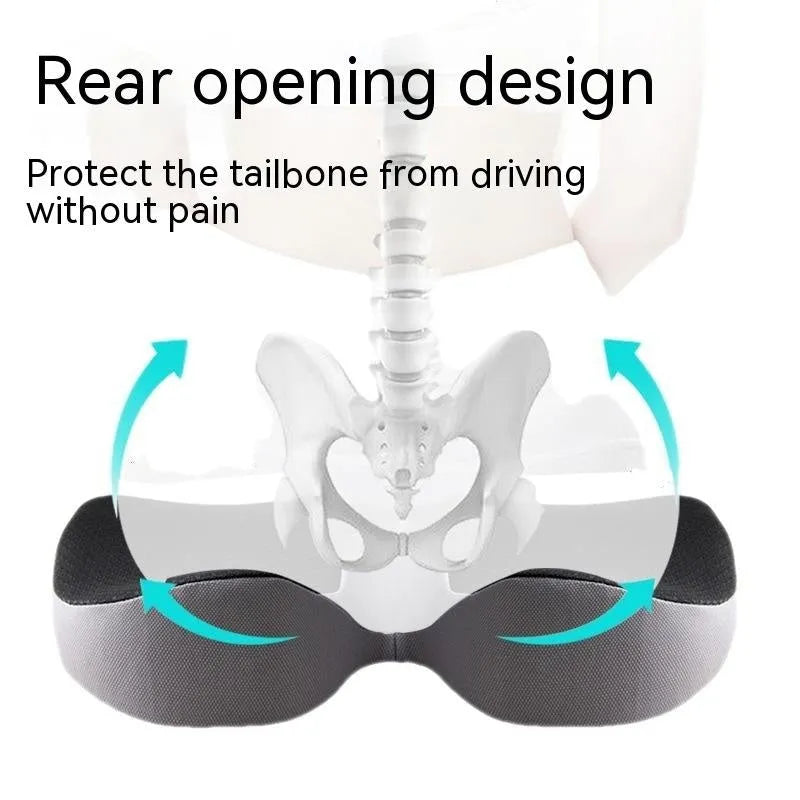 Curved bevel seat cushion with memory foam core for tailbone support during driving