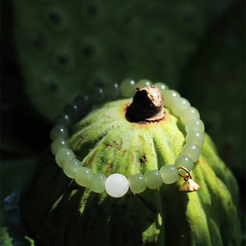 Green Hetian jade bracelet with vintage beads, ethnic style, natural stone jewellery for women