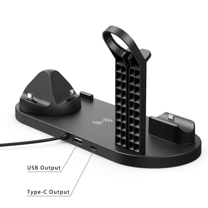Black 15W wireless charging stand for phone headset and watch on a desk with a smartphone placed on the pad