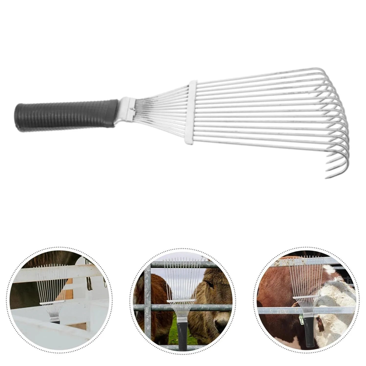 Black stainless steel dematting brush rake comb for dog and horse grooming, showing metal teeth and handle.