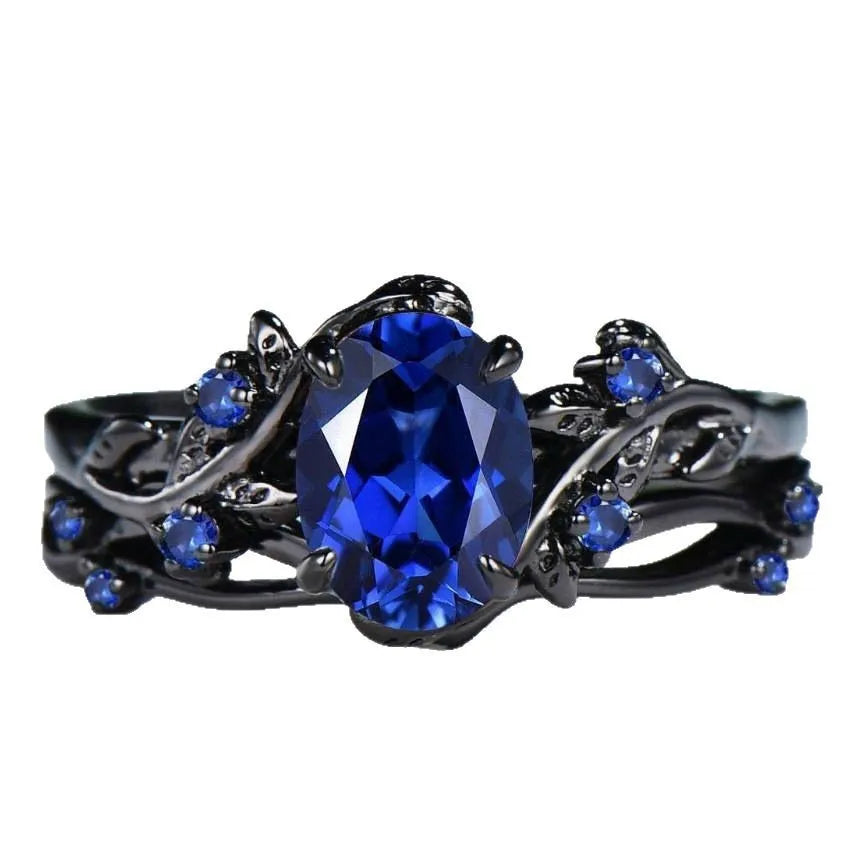 Gun black copper ring with navy blue rhinestone inlay for women geometric design