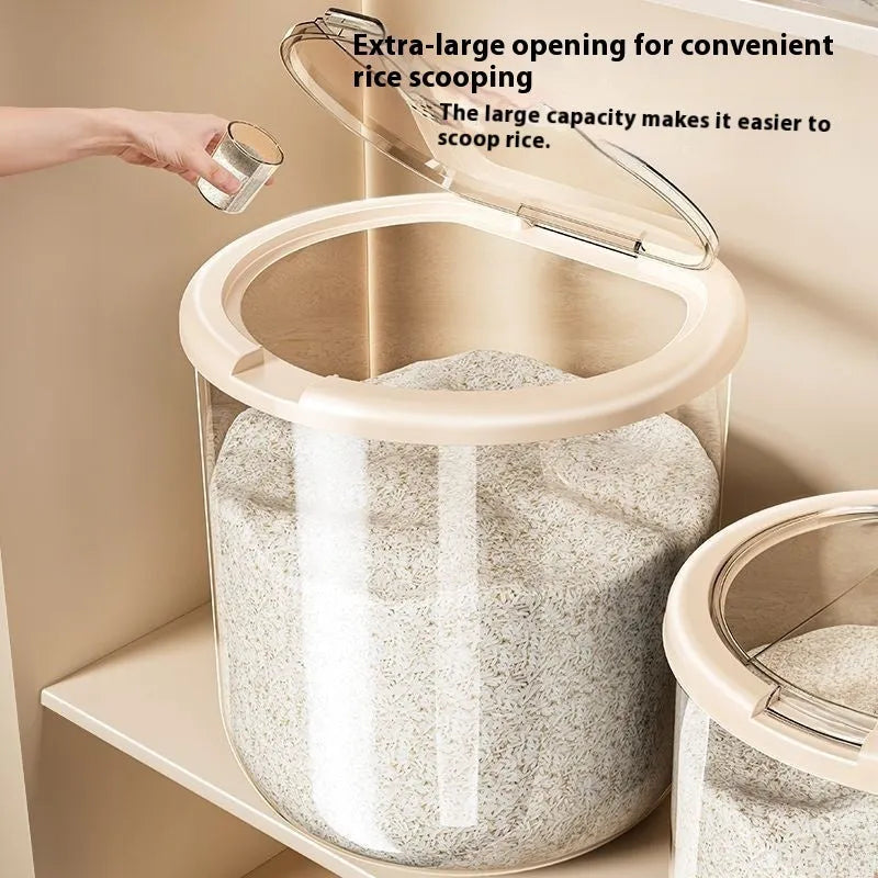 Transparent plastic grain storage tank with sealed lid, insect-proof and moisture-proof, available in 5kg to 25kg capacities, with rice measuring cup.