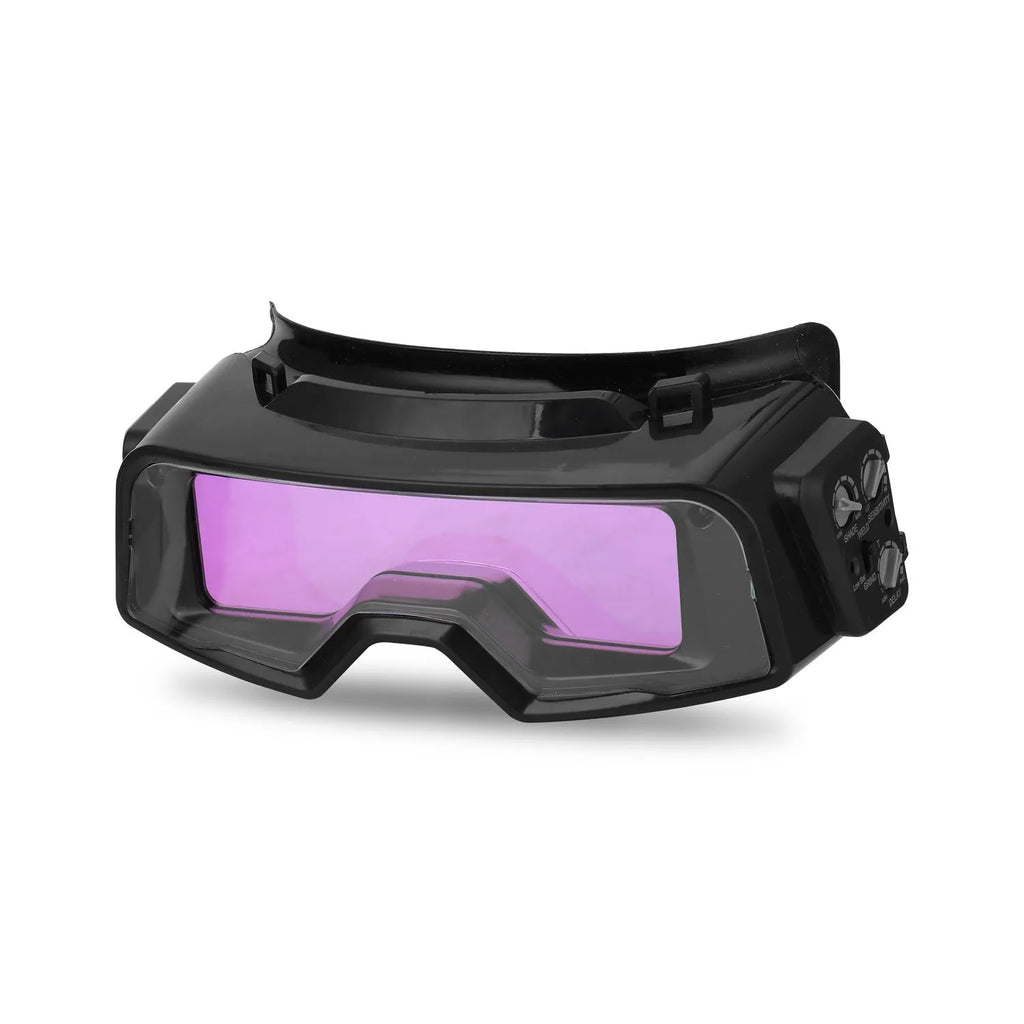 Black automatic darkening welding mask with a large rectangular viewing lens and adjustment controls on the side.