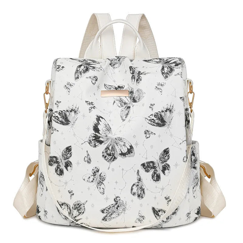 Butterfly printed PU shoulder backpack in black with sewing line details and 20L capacity