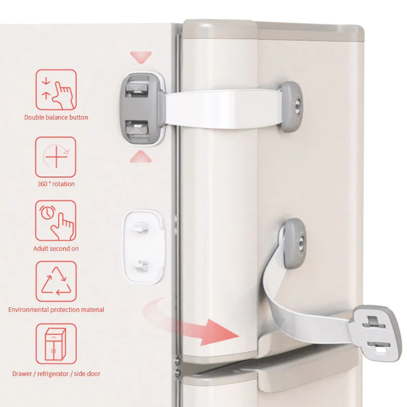 Gray child safety lock with adjustable strap attached to a cabinet handle, 53 x 112 x 16mm