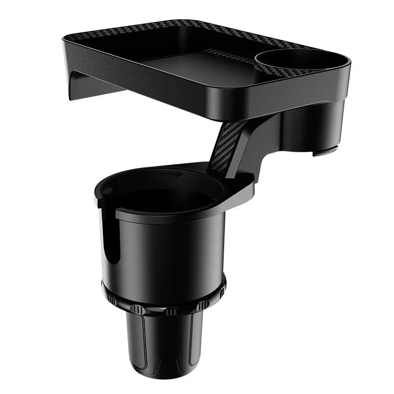 Black car-mounted rotating dinner tray holder with cup holder attachment