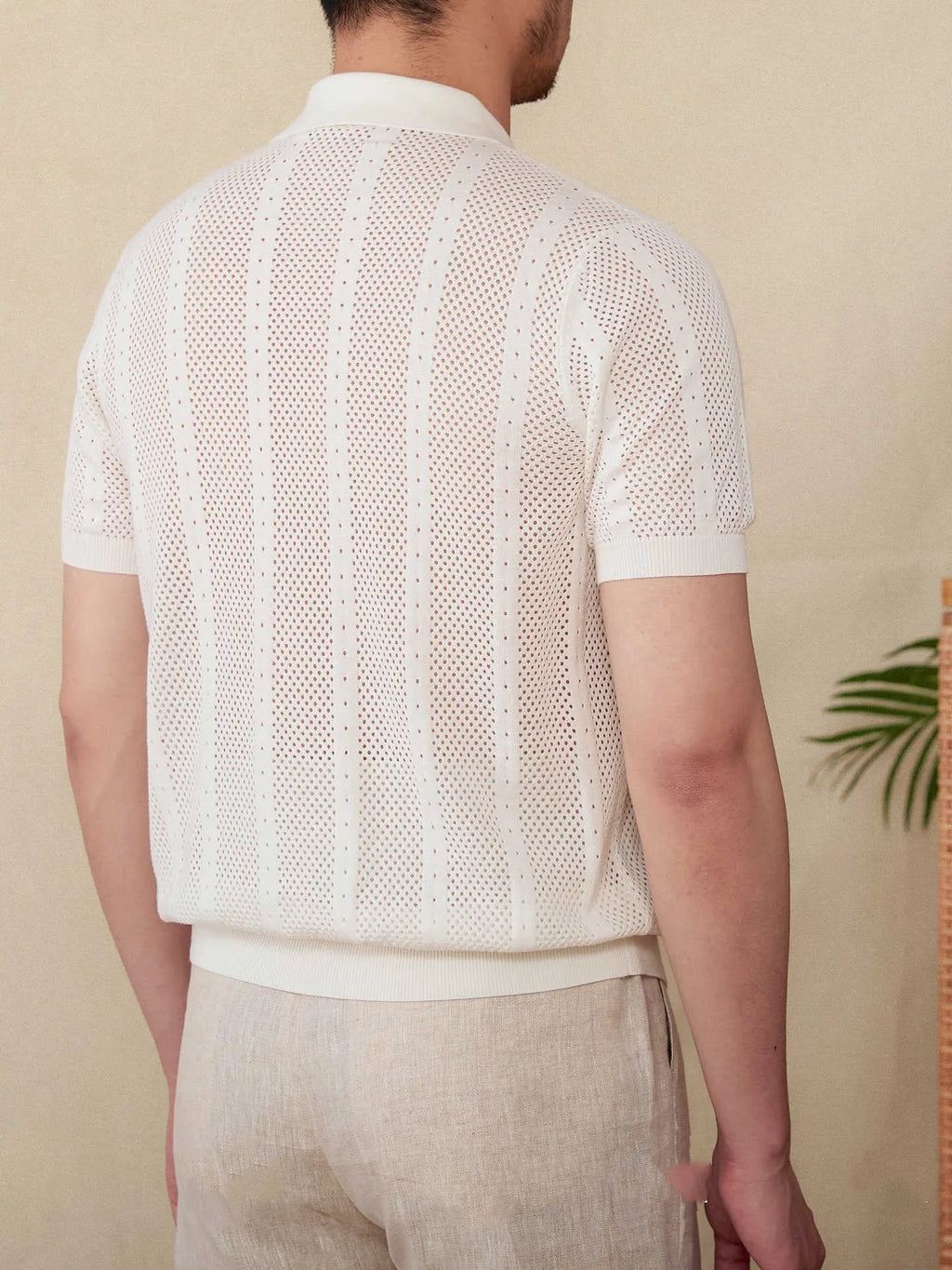 Men's 100% cotton short sleeve lapel cardigan shirt in creamy-white, breathable knitted casual top