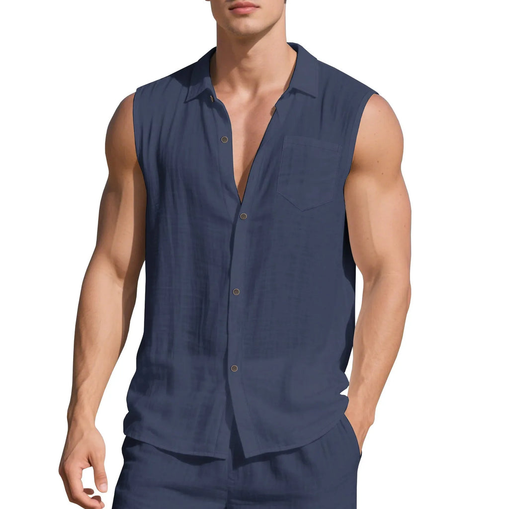 Sleeveless linen polo collar cardigan vest in light blue, loose fit, on a white background