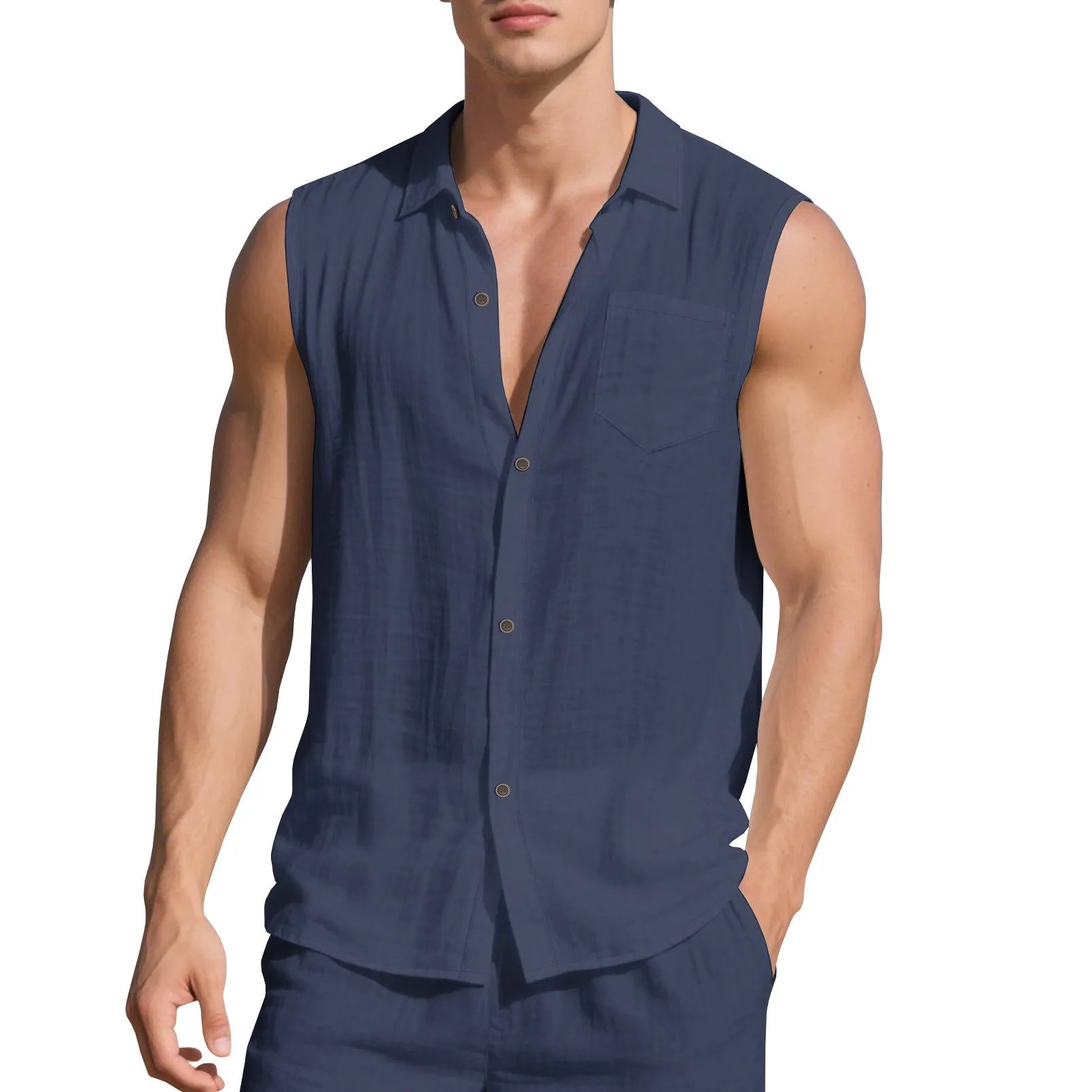 Sleeveless linen polo collar cardigan vest in light blue, loose fit, on a white background
