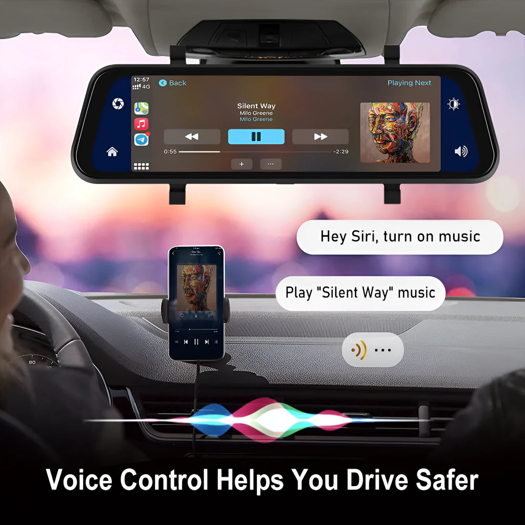 HD wired 9.66-inch driving recorder with touch screen, CarPlay, and Android Auto on a car windscreen