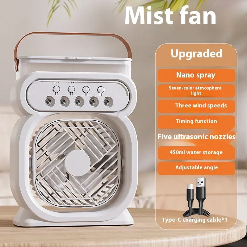 3 in 1 portable evaporative air cooler with LED night lights and USB cable on desk
