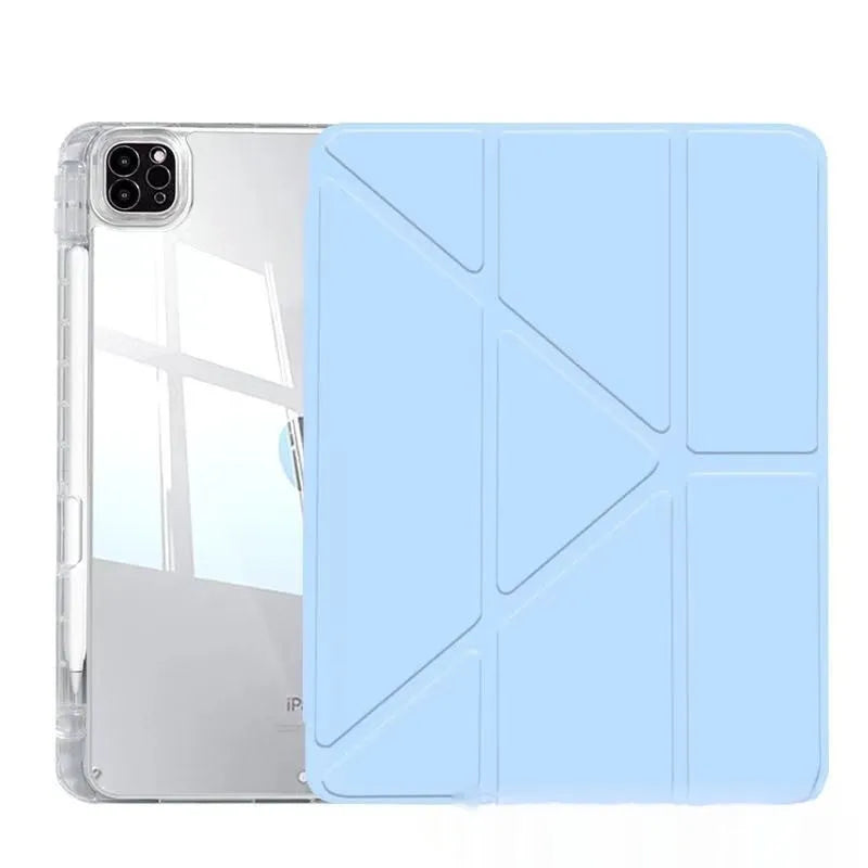 Transparent acrylic iPad protective cover showing magnetic attachment points and built-in viewing bracket