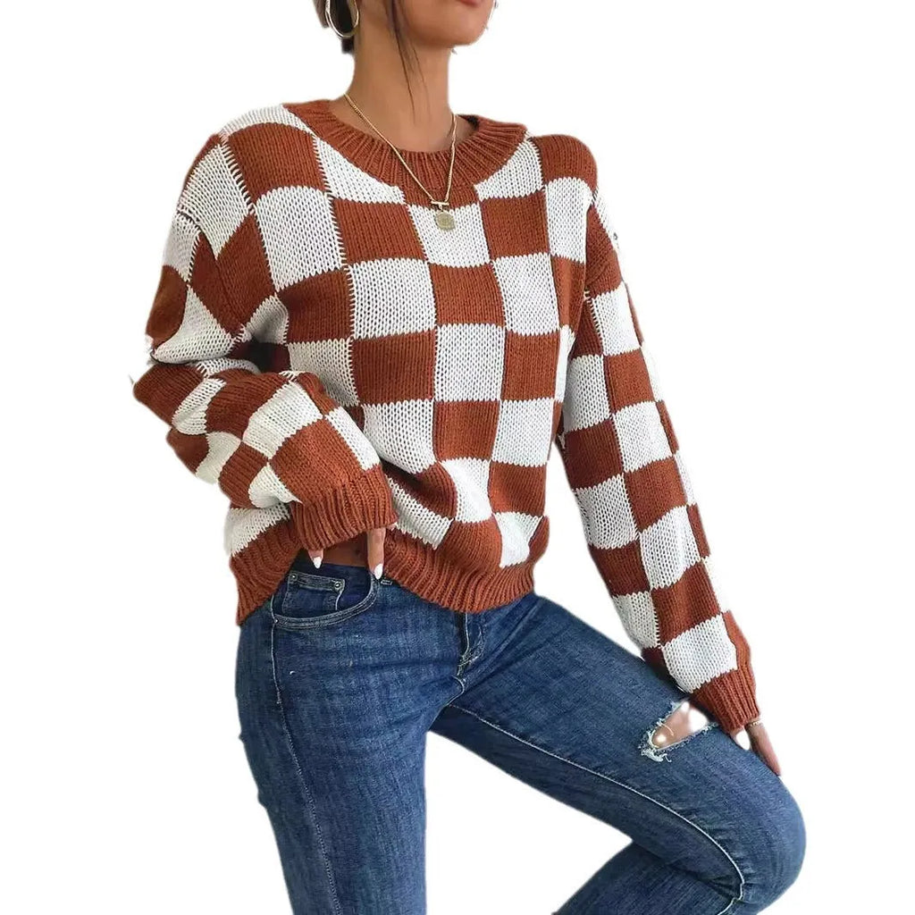 Dark brown plaid acrylic pullover sweater with round neck and long sleeves in loose casual style
