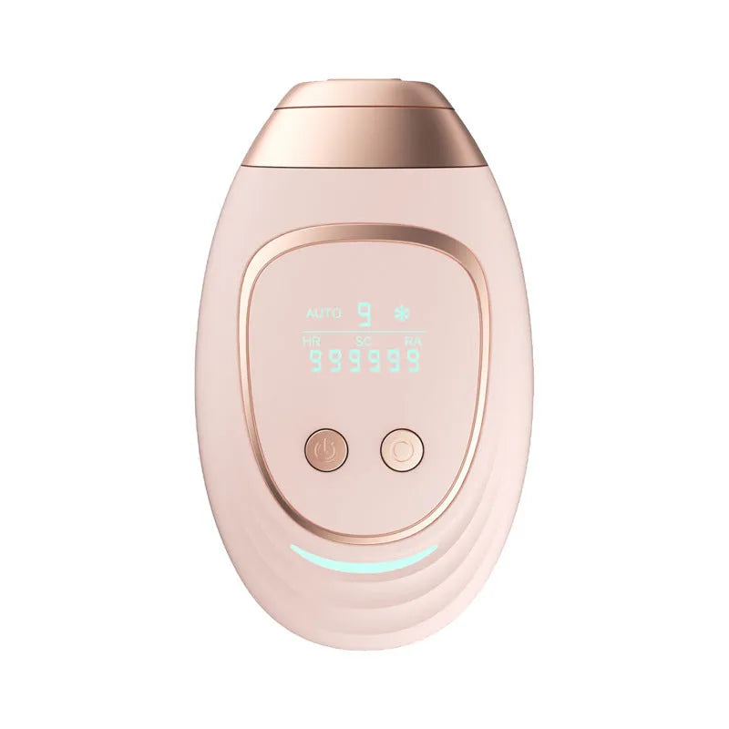 Pink and white three-in-one ice-sensing laser hair removal device with shaver and protective glasses
