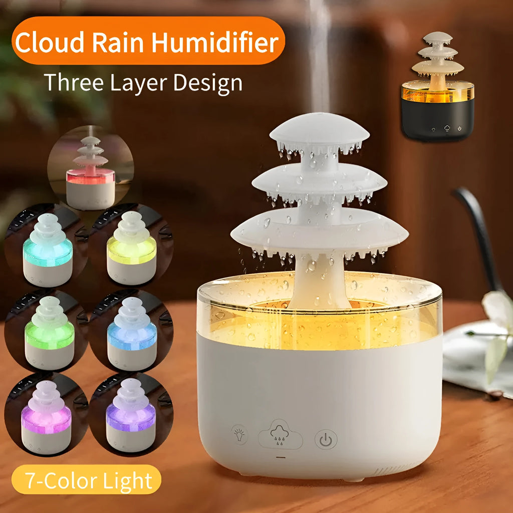 White plastic New Cloud Rain Air Humidifier with 500ml water tank and 7-colour atmosphere light on a wooden desk