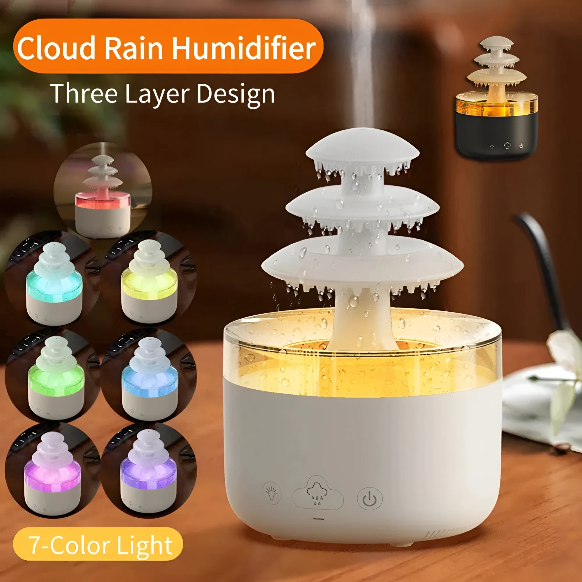 White plastic New Cloud Rain Air Humidifier with 500ml water tank and 7-colour atmosphere light on a wooden desk
