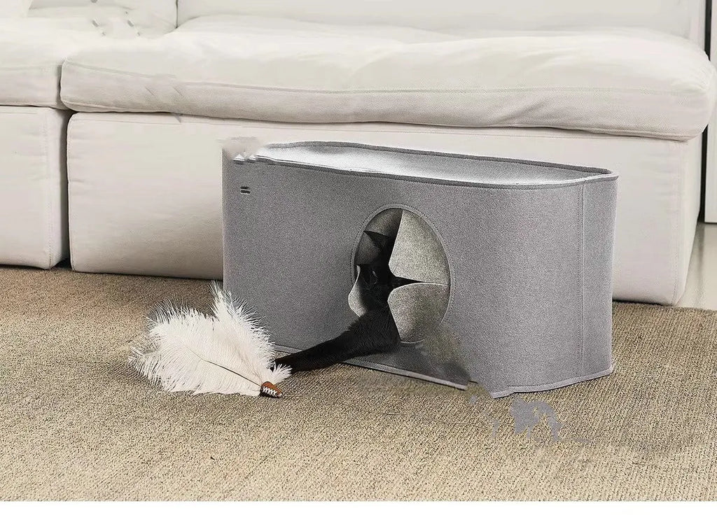 Foldable felt cat bed in khaki, 52x26x26cm size, shown on floor