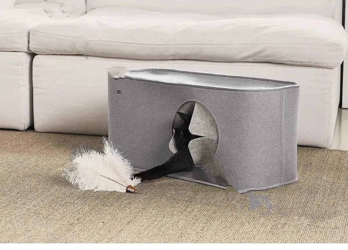 Foldable felt cat bed in khaki, 52x26x26cm size, shown on floor