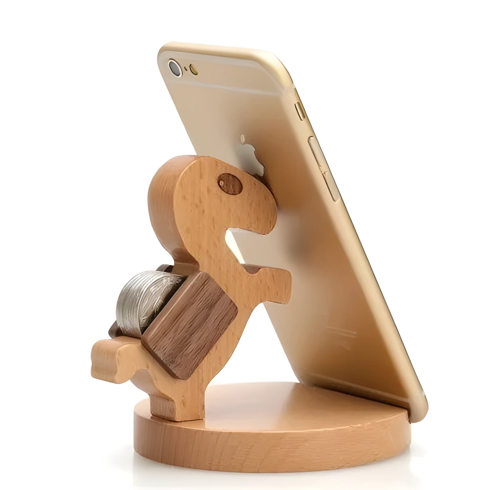 Beech wood mobile phone holder with resin animal design and coin slot
