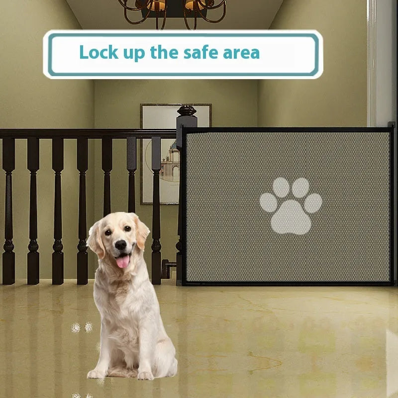 Portable folding dog barrier with pet doorsill showing dog footprint graphics