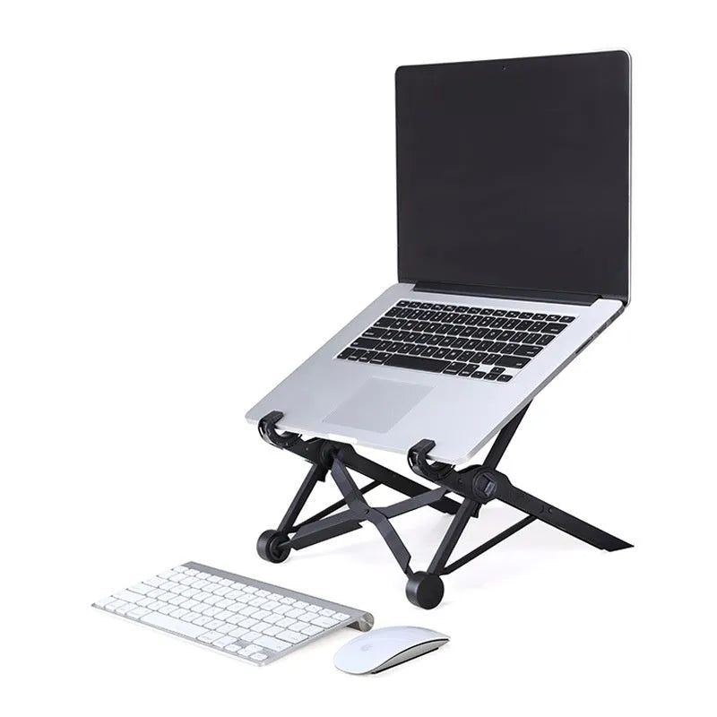 Folding portable laptop stand in sagacious black showing 40 cm width and folded position