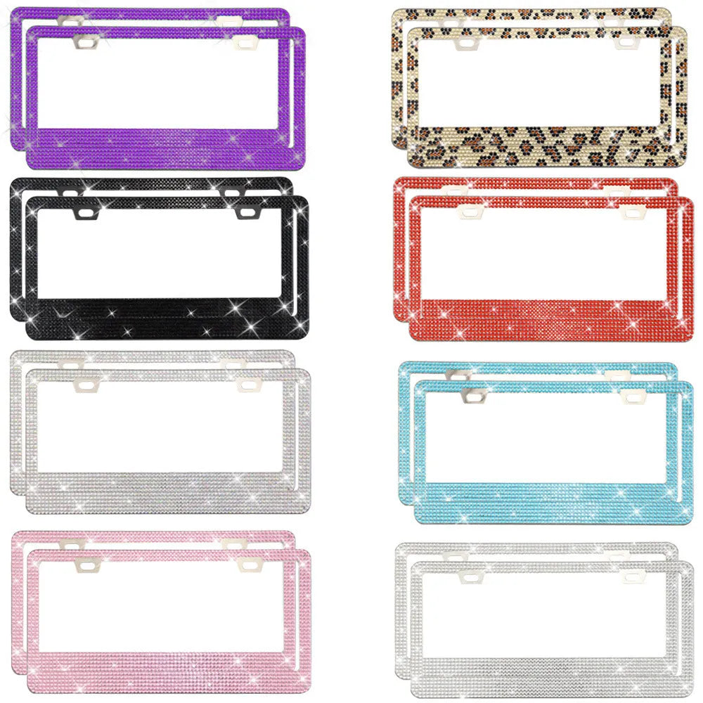 Stick-on crystals license plate frame with acrylic diamond finish on a stainless steel base, 310x160x0.8mm.