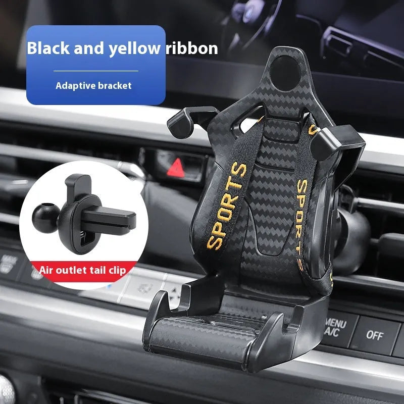 Racing seat shape car phone holder mounted on air vent with gold tape design