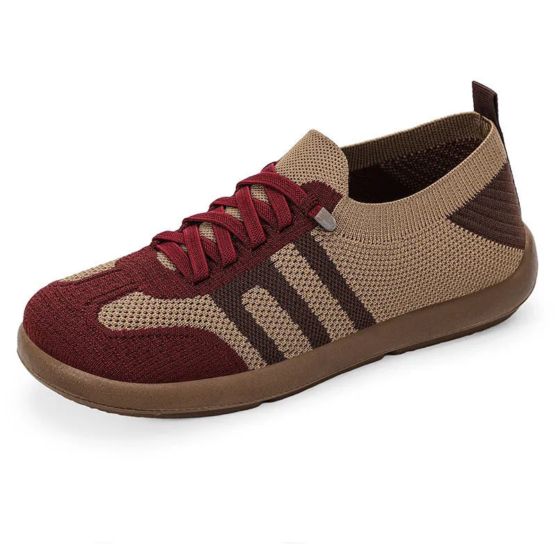 Retro German training shoes in camel with flyknit upper, polyurethane sole, and front lace-up closure
