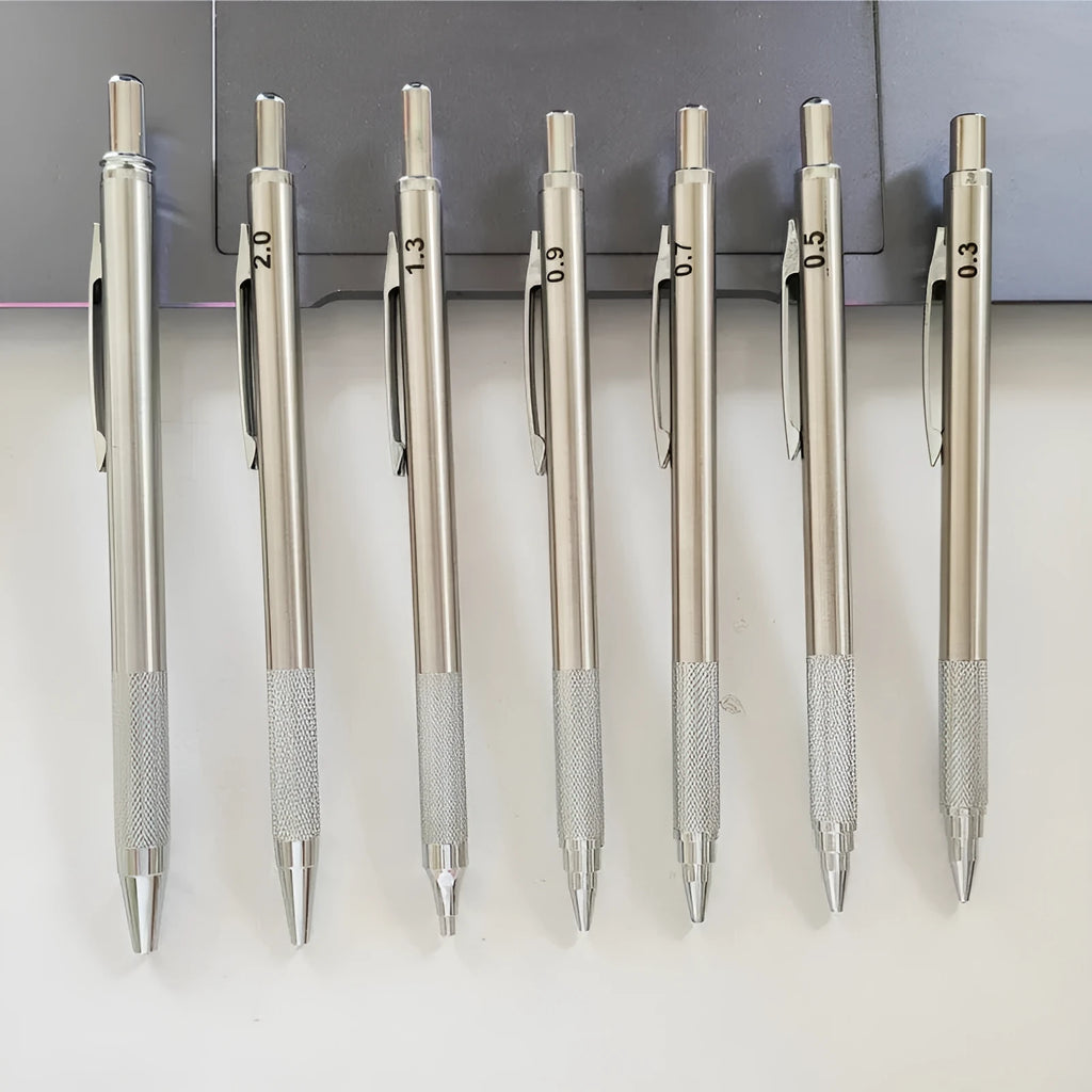 Metal automatic mechanical pencil with a choice of lead sizes including 0.5mm and 0.7mm, shown with a 2B refill.