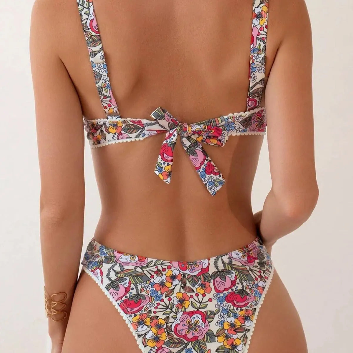 Women's printed steel bracket push up tie side high waist bikini swimsuit in colour Printing 1