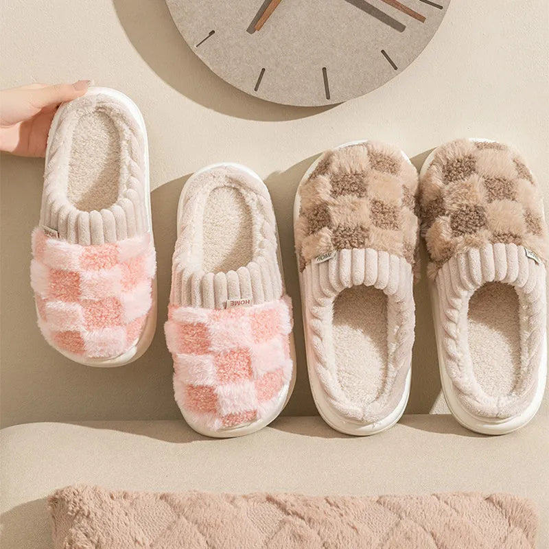Women's plaid patterned plush slippers with non-slip sole in multiple colour options