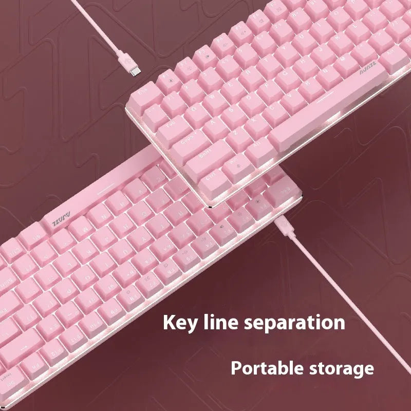 Pink and white 82 key mechanical keyboard with white backlight on a desk