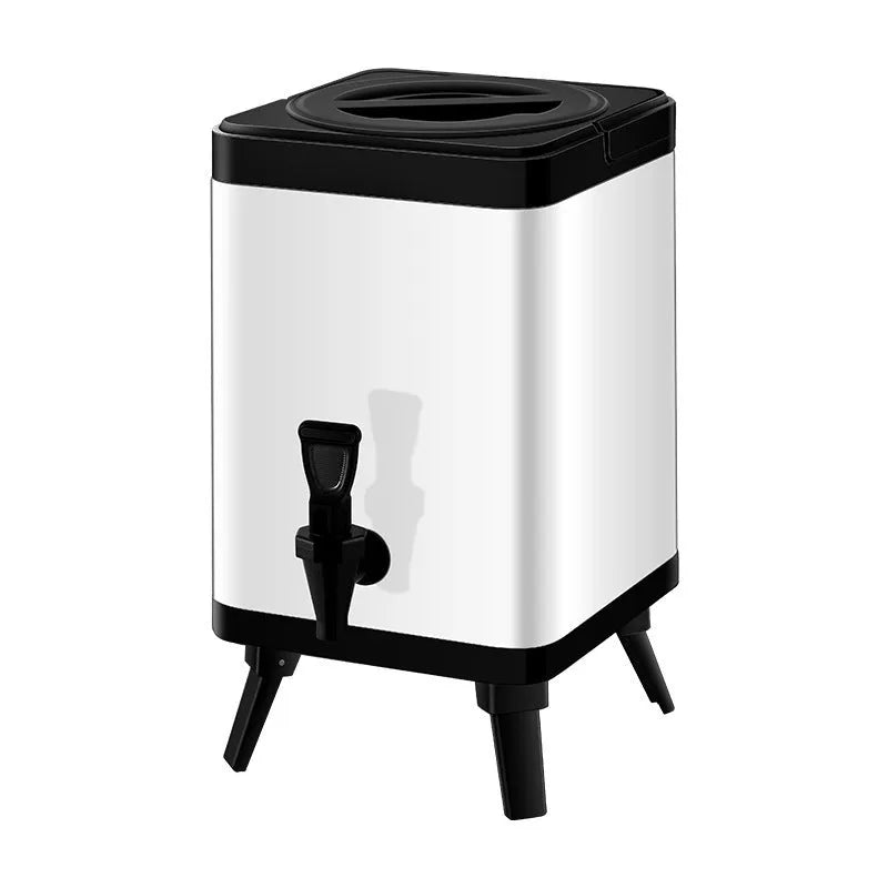 Silver stainless steel milk tea bucket with square lock design showing 8-litre capacity