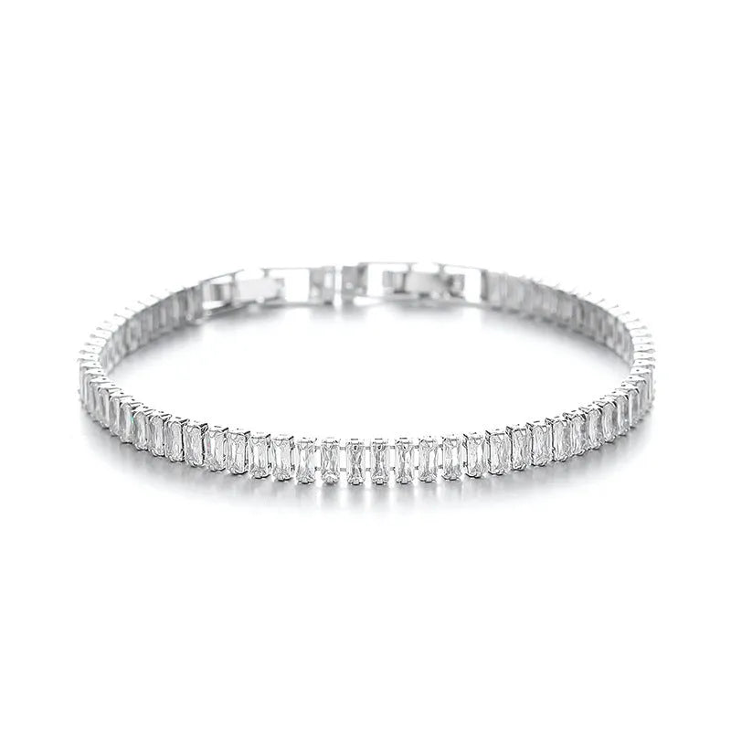 Women's brass rectangular bracelet with full diamond inlaid zircon in Champagne Gold and Silver colour options