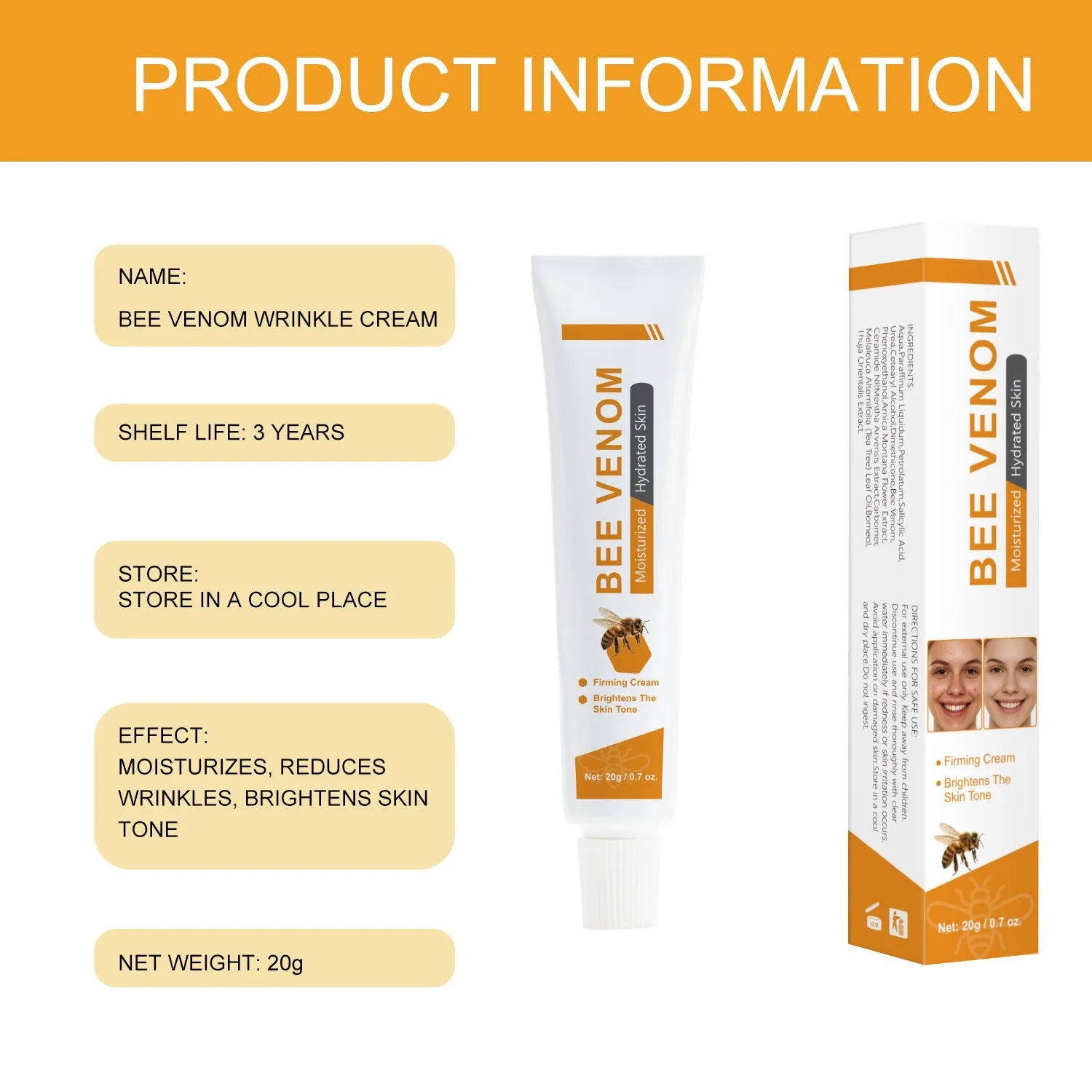 BEE Facial Neck Cream 20g tube on a white background, showing product label and specification FP-A024