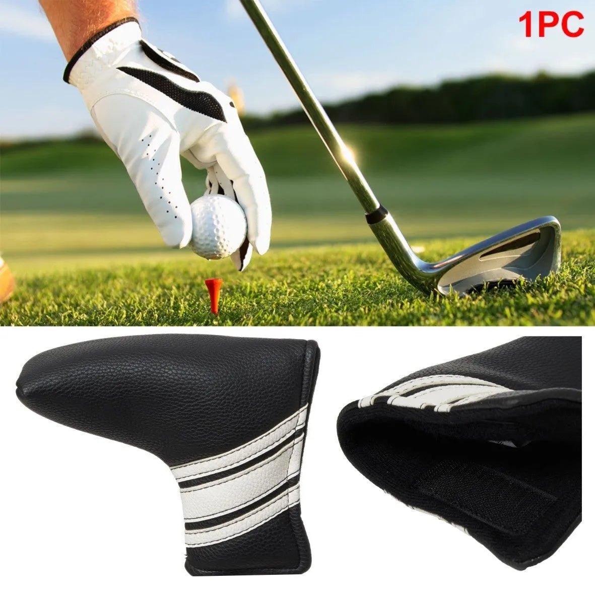 Black PU leather golf club head cover case with included push rod sleeve