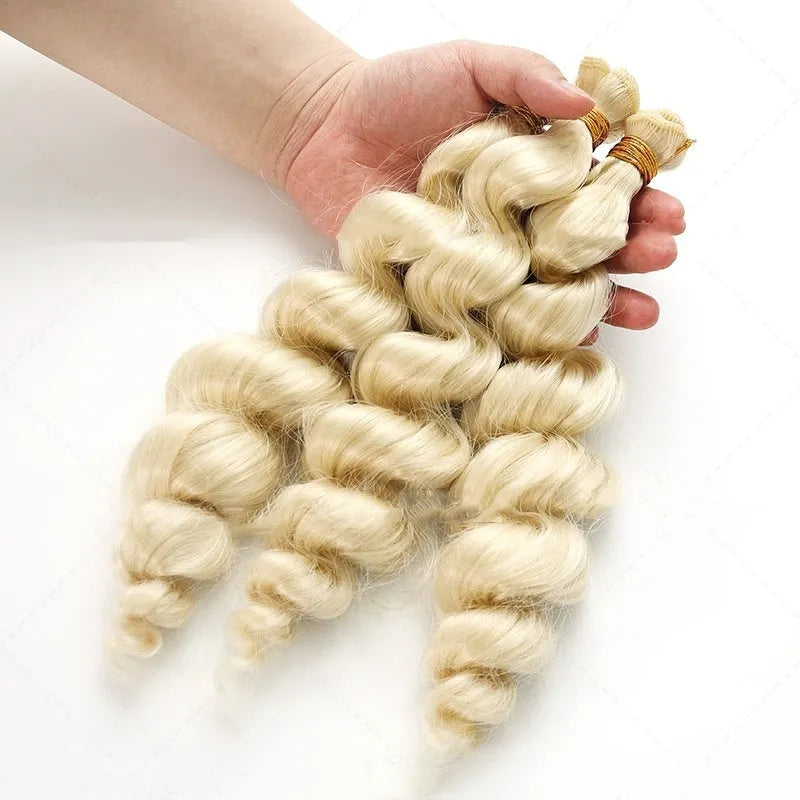 Golden blonde synthetic hair wig for women shown in long length.