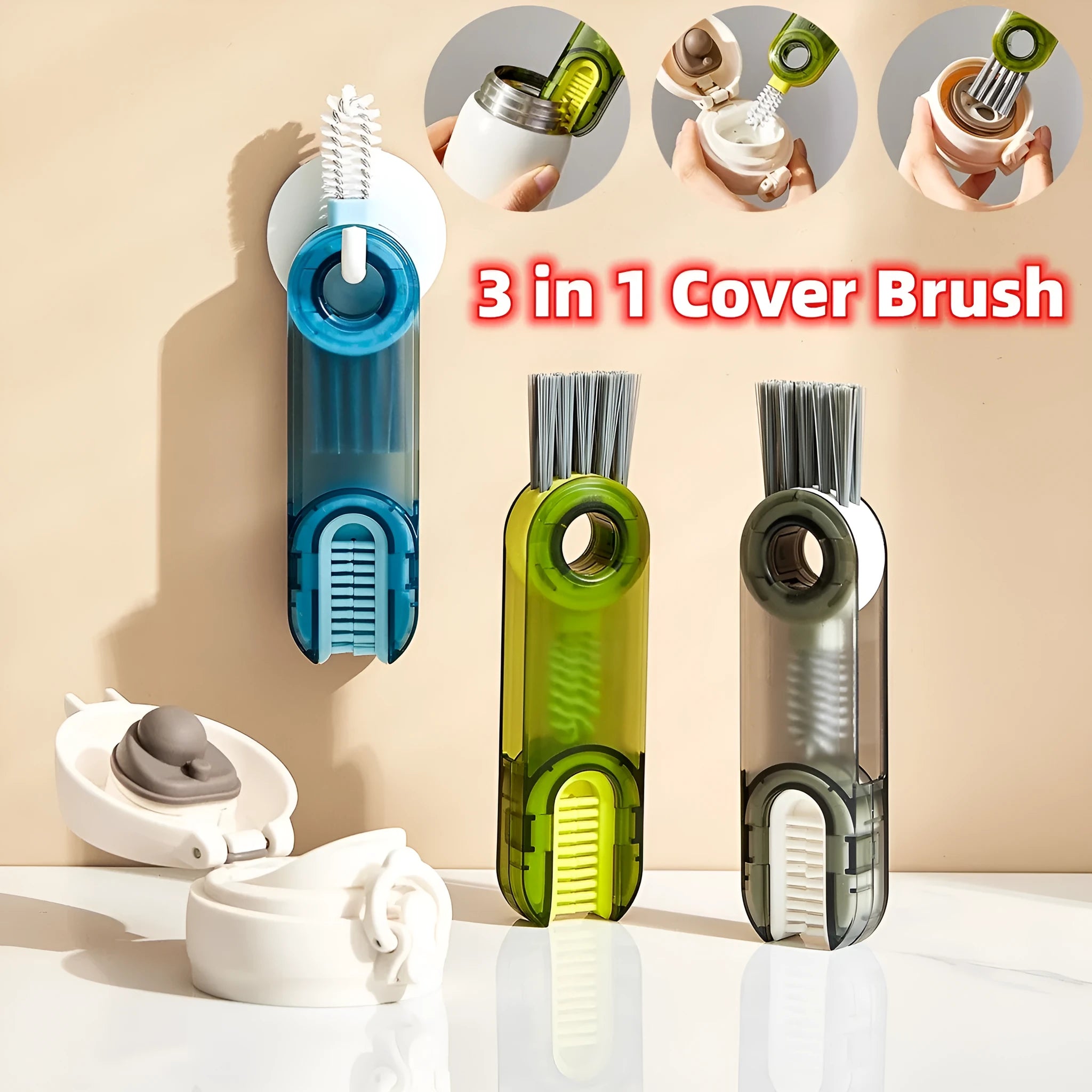 3 in 1 multi-functional bottle cup cover brush with spiral design, food-grade plastic and nylon bristles, 11.4 cm, transparent green