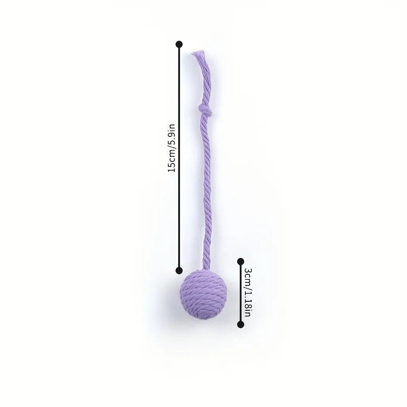 Cat toy ball with rope handle and bell inside in bright colours for kitten play
