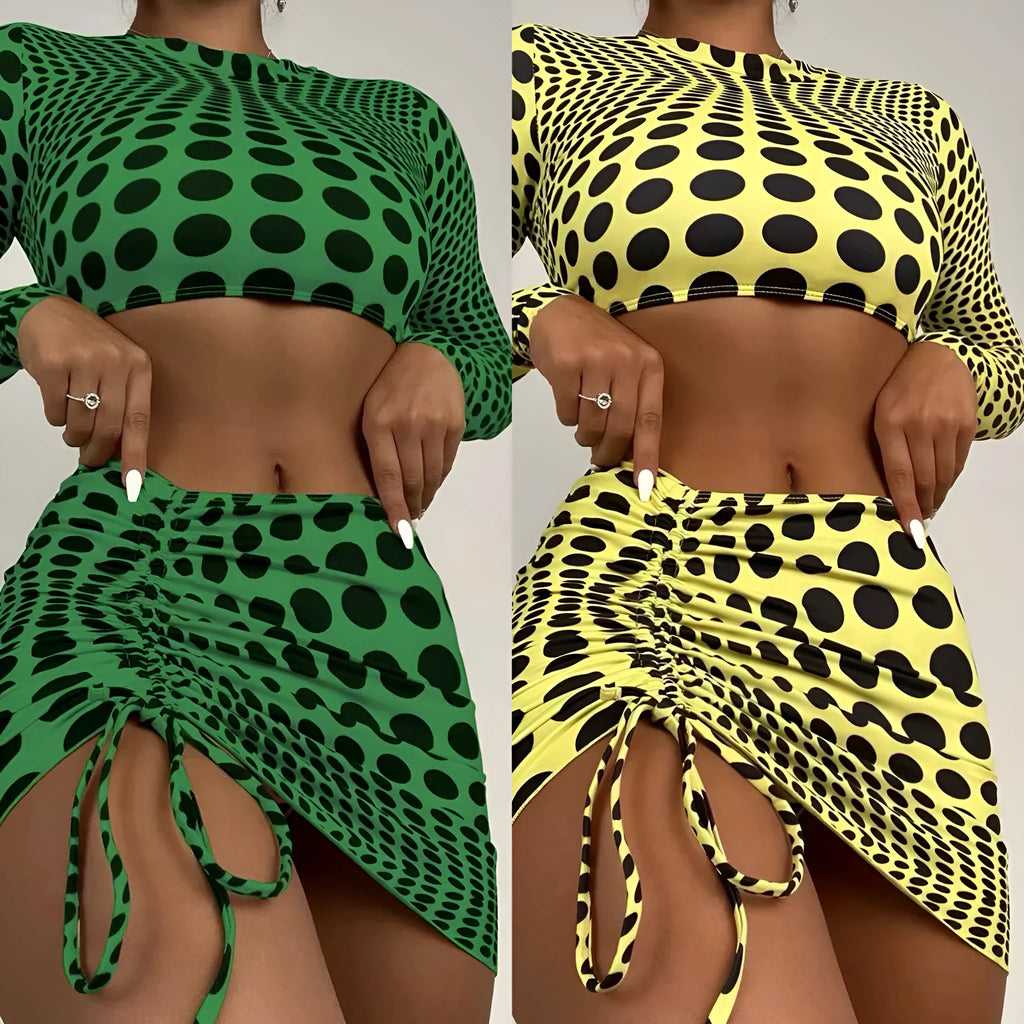 Women's polka dot swimsuit three-piece set in green, including top, skirt, and bra, made of polyester.