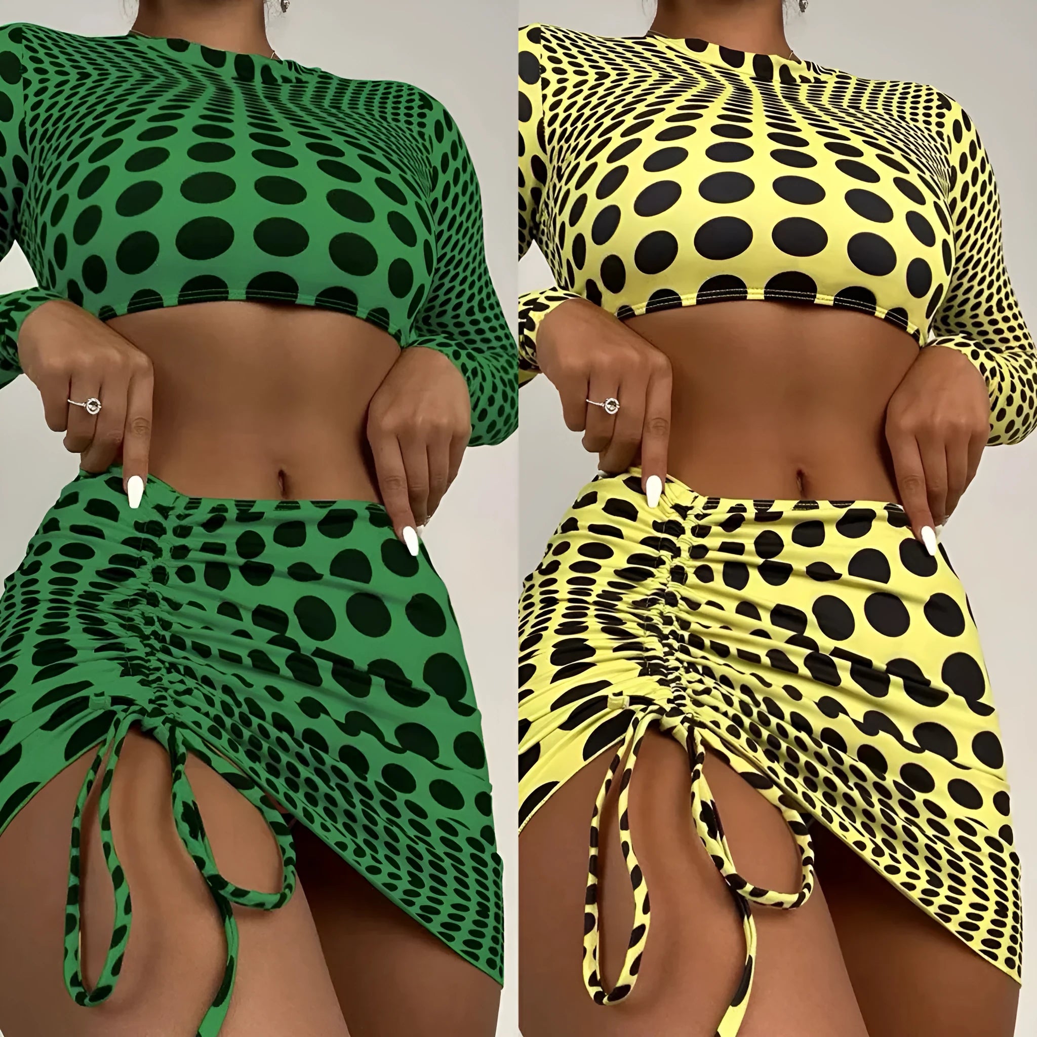Women's polka dot swimsuit three-piece set in green, including top, skirt, and bra, made of polyester.